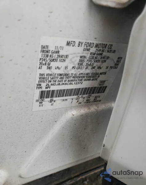 2012 Lincoln Mkx z USA, uszkodzony, nr VIN 2LMDJ8JK6CBL12372